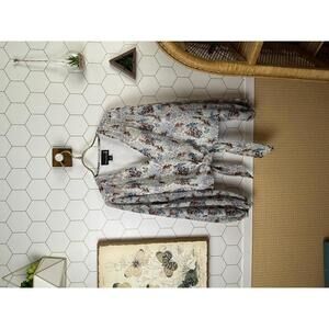 Broadway 38 Tie Front Beaded Blue Floral Pleated Blouse - Size - Medium